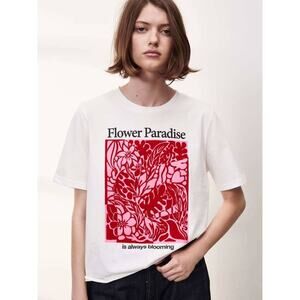 Zara Flower Paradise Fuzzy Graphic T Shirt Colorful Modern Boho